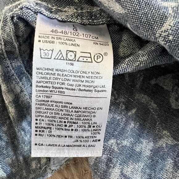 Banana Republic Linen Button Up Shirt Men Sz L Blue Chambray Floral Short Sleeve - Picture 11 of 11